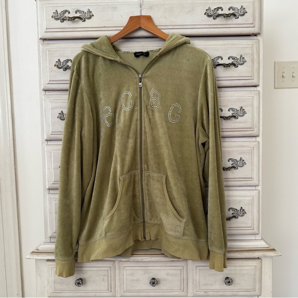 BCBG Green Velour Y2K Full Zip Sweatshirt